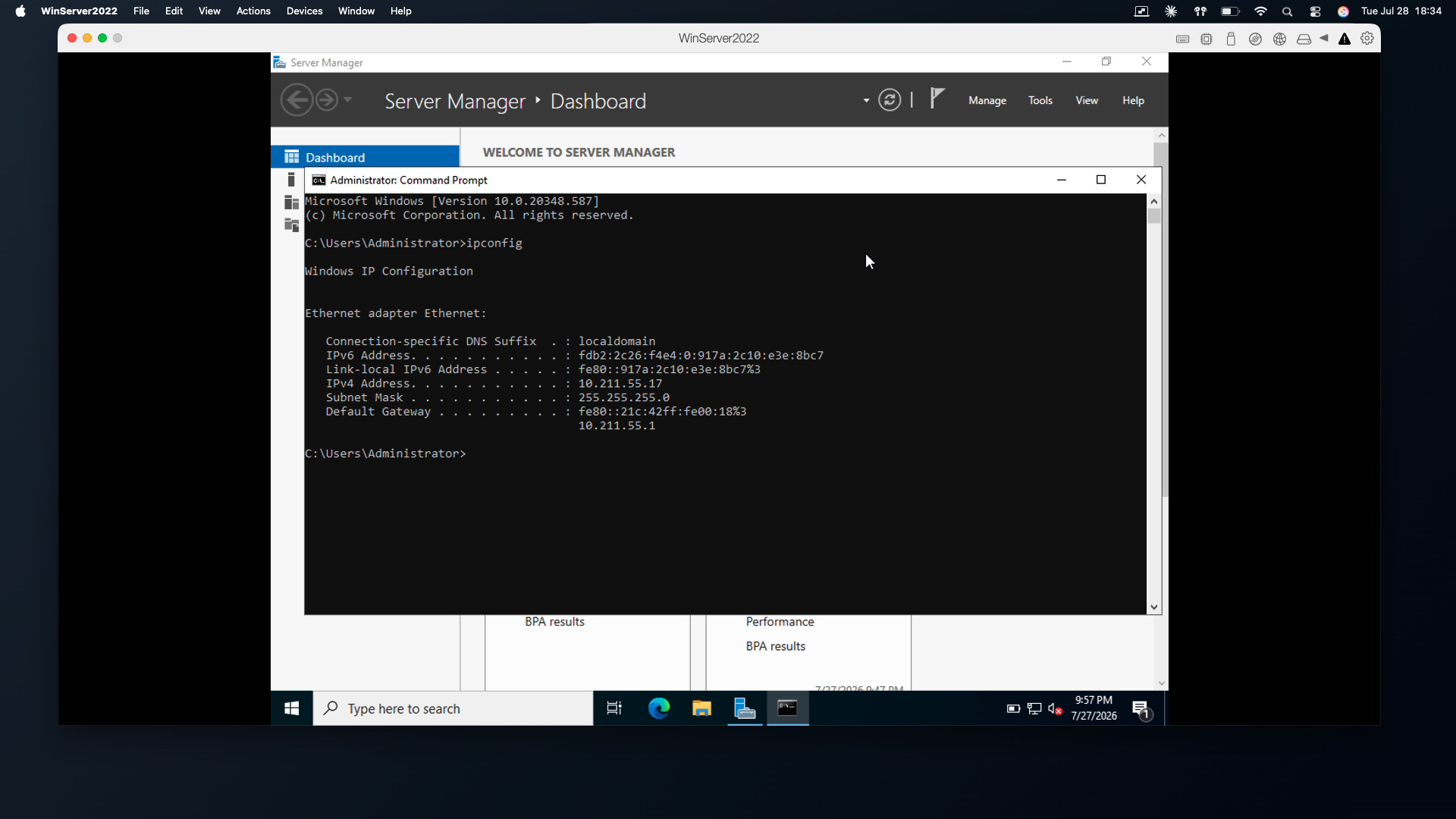 Windows Command Prompt showing ipconfig output with IPv4 address 10.211.55.17, subnet mask 255.255.255.0, and default gateway 10.211.55.1