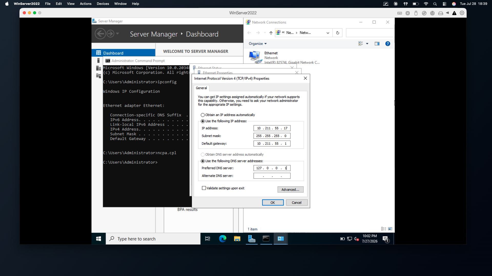 Internet Protocol Version 4 (TCP/IPv4) Properties dialog with a static IP address, subnet mask, default gateway, and preferred DNS server set to 127.0.0.1