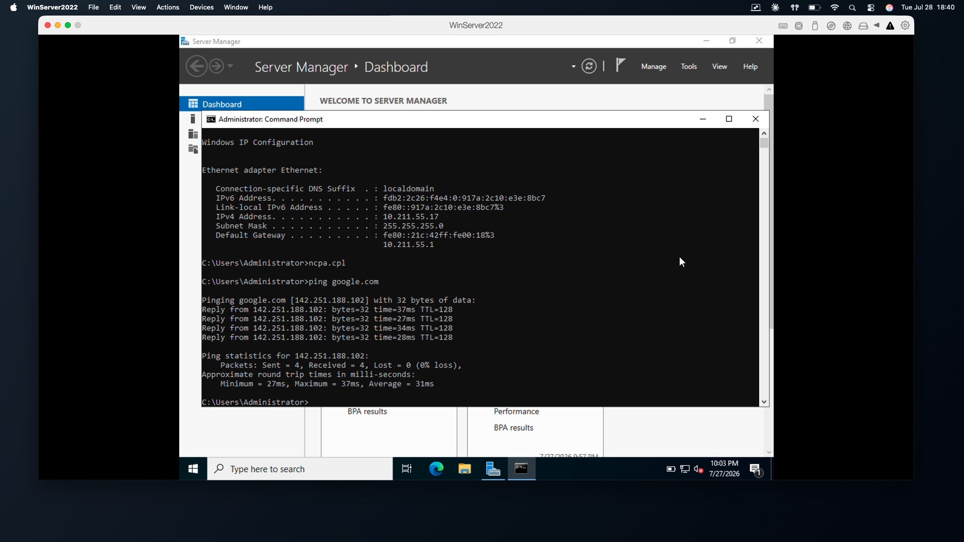 Command Prompt showing four successful ping replies from google.com with 0% packet loss and 31ms average round trip time