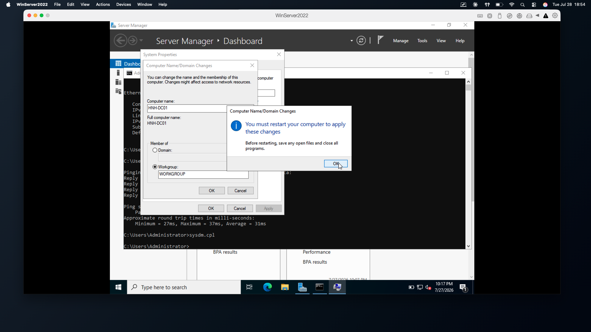 Computer Name/Domain Changes dialog with the computer name set to HNH-DC01 and a prompt stating the computer must be restarted to apply the changes