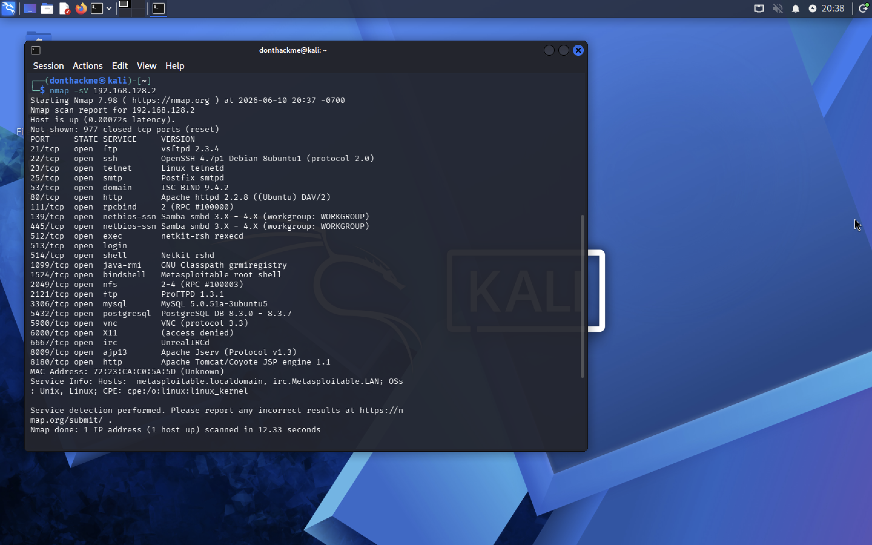 Nmap -sV scan — 21 open ports identified