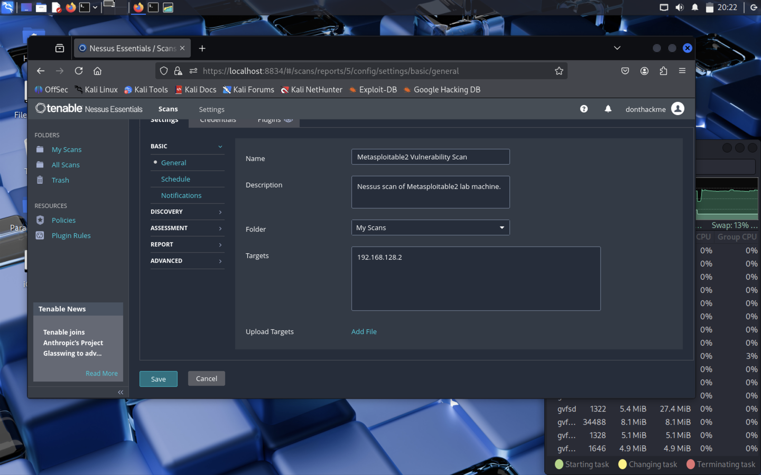 Nessus scan configuration for Metasploitable2 target 192.168.128.2.
