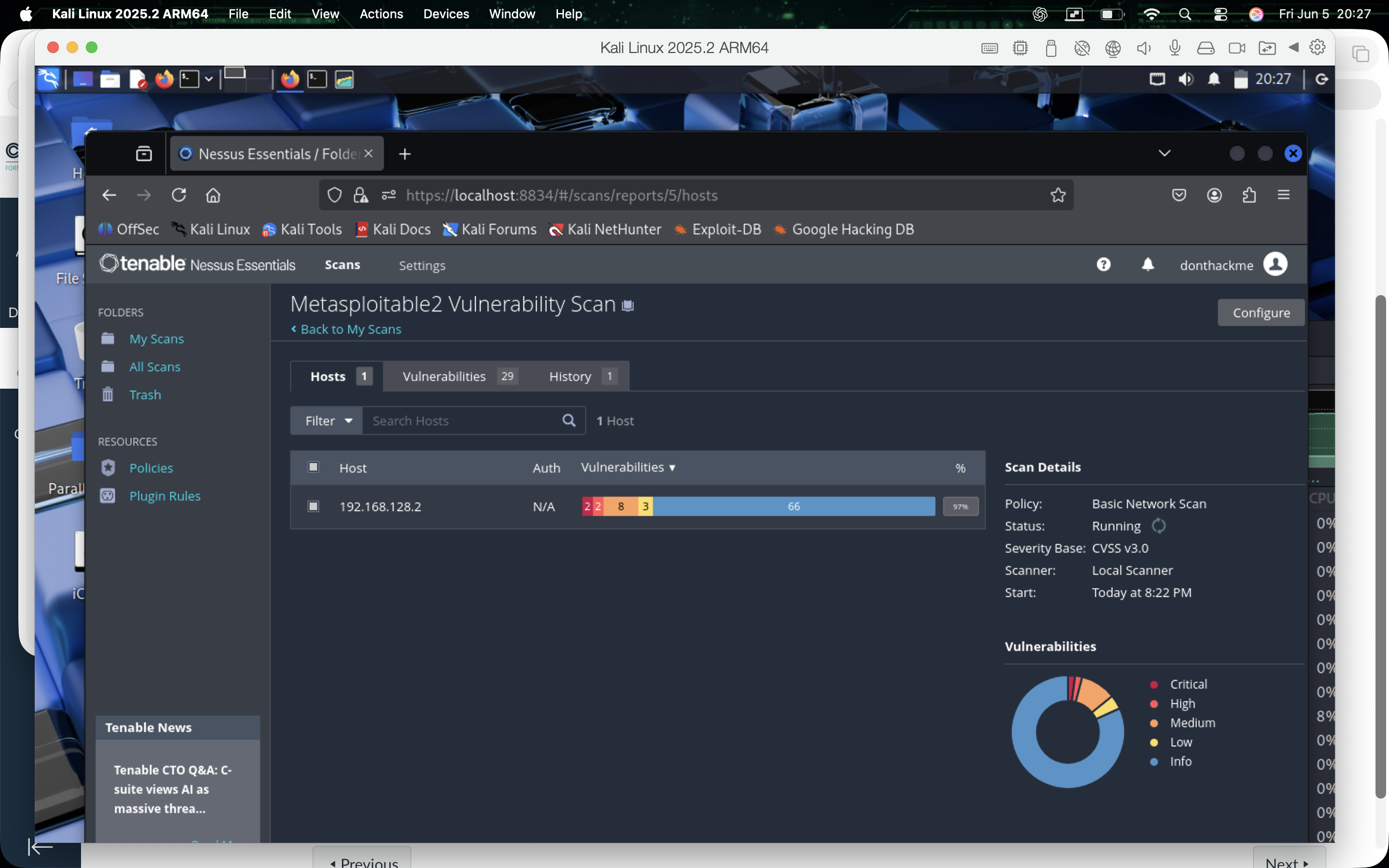 Nessus host summary while the Metasploitable2 vulnerability scan is running.