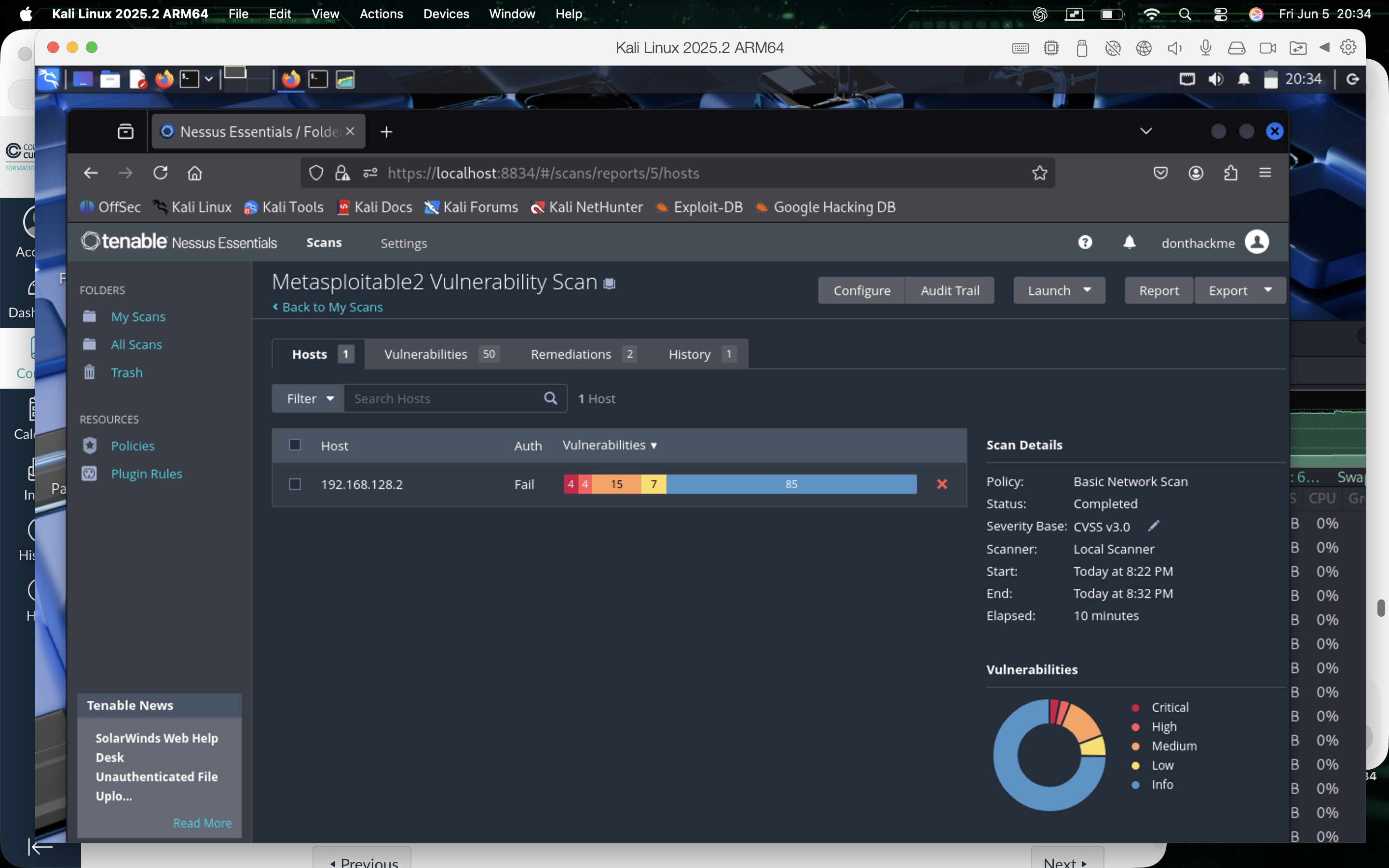 Nessus completed host summary for the Metasploitable2 vulnerability scan.