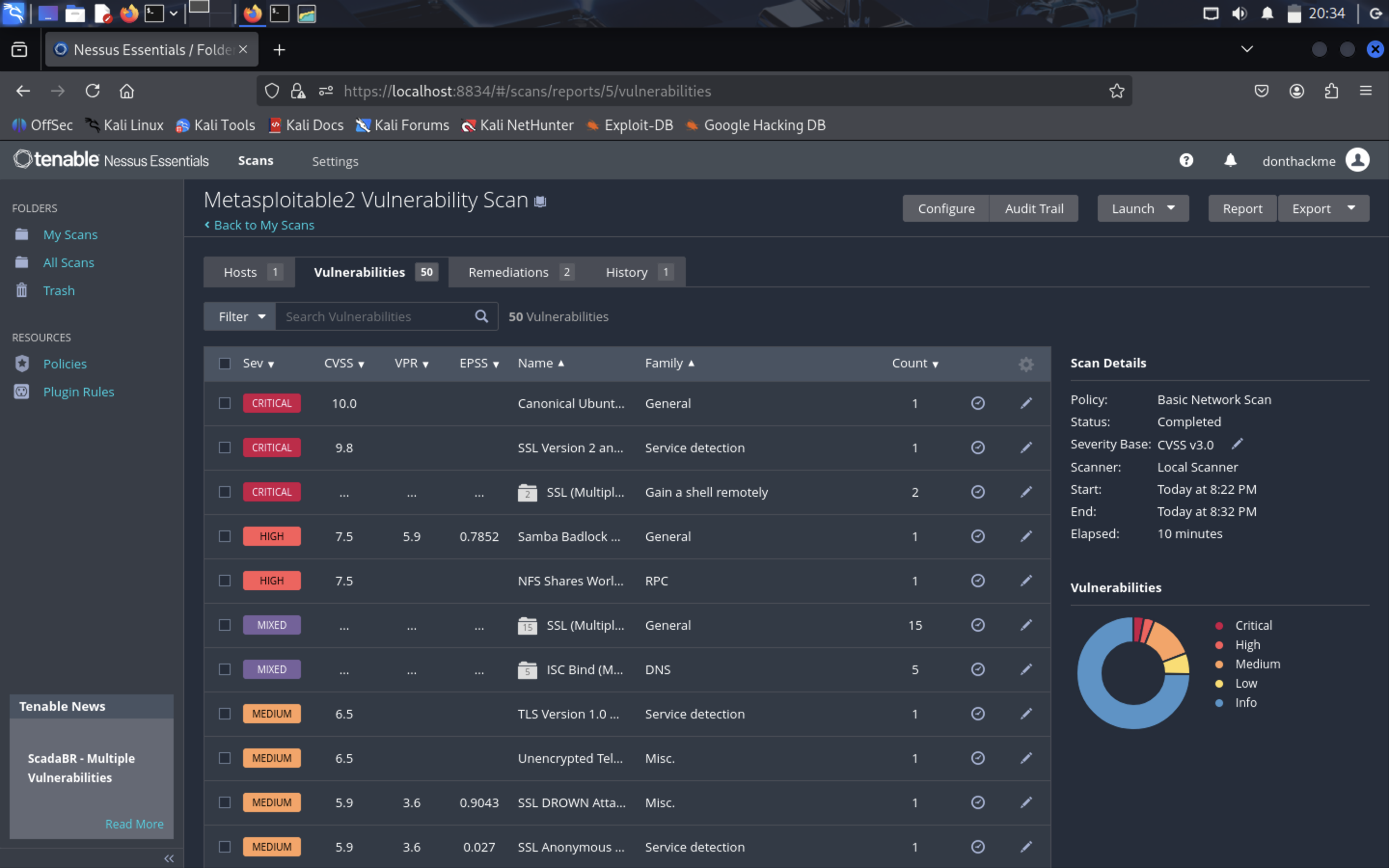 Nessus vulnerabilities overview showing scan details and vulnerability severity distribution.