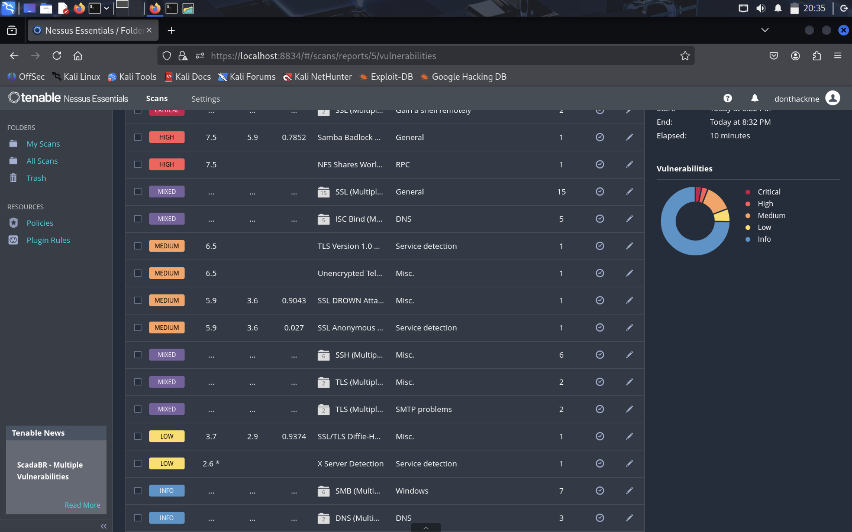 Nessus vulnerability list with critical, high, medium, low, mixed, and informational results.