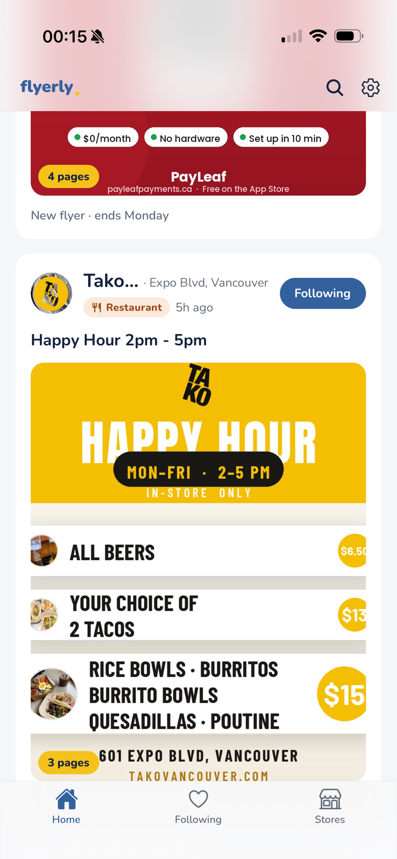 Flyerly home feed showing a grocery store's weekly specials flyer and a restaurant happy hour deal.