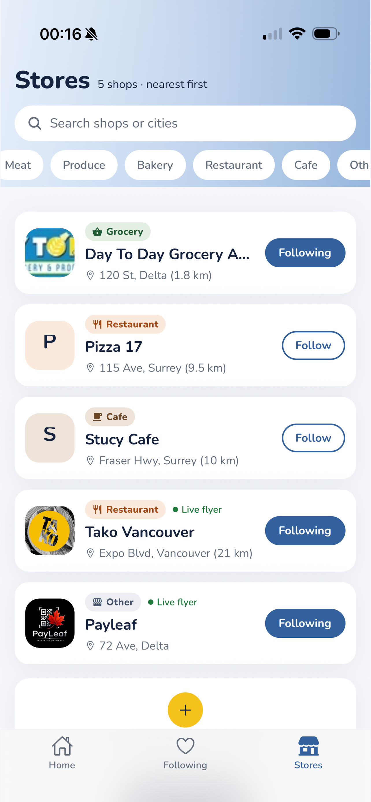 Flyerly stores tab listing nearby shops sorted by distance, with category filters and follow buttons.