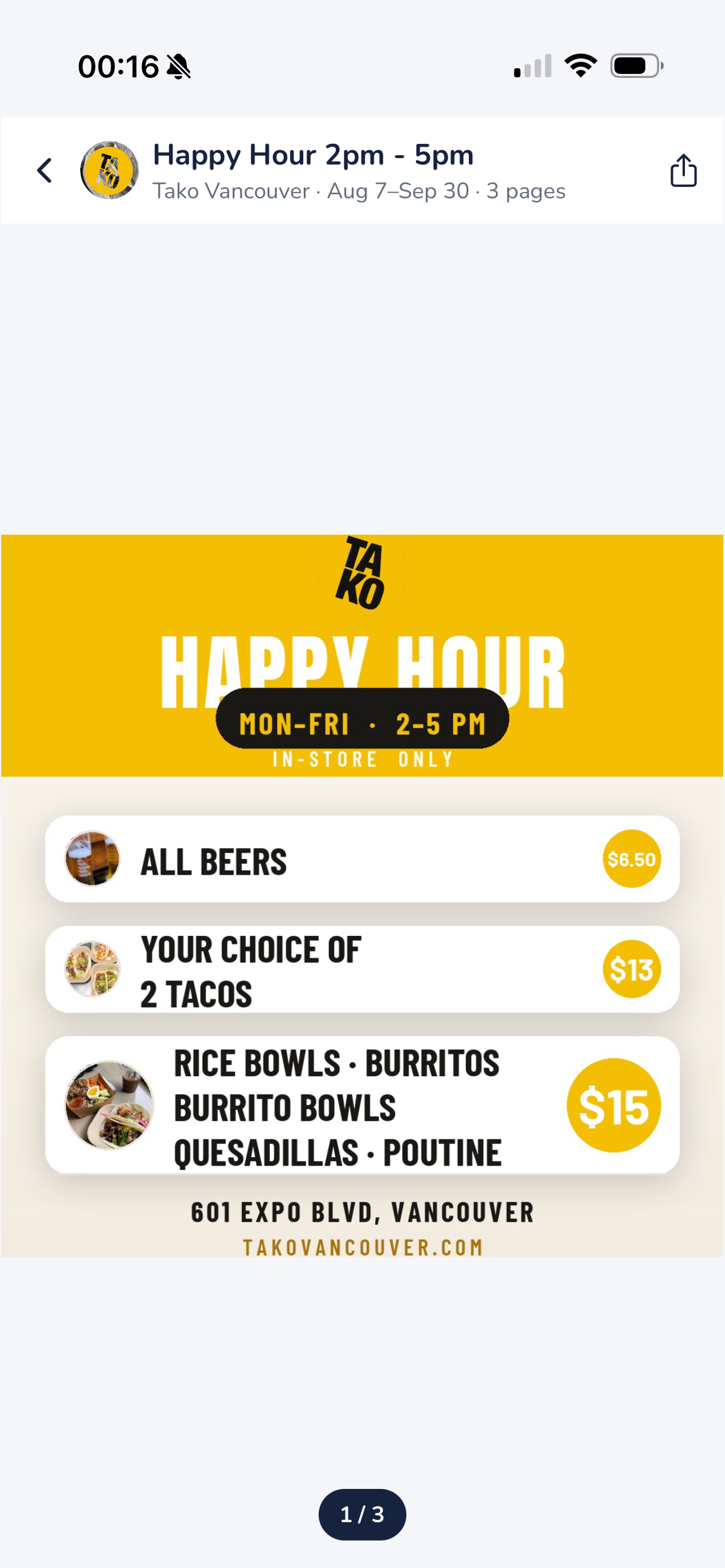Flyerly showing a restaurant happy hour flyer with per-item pricing and the times the deal runs.