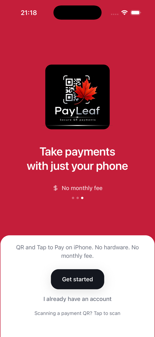 PayLeaf onboarding screen — take payments with just your phone.