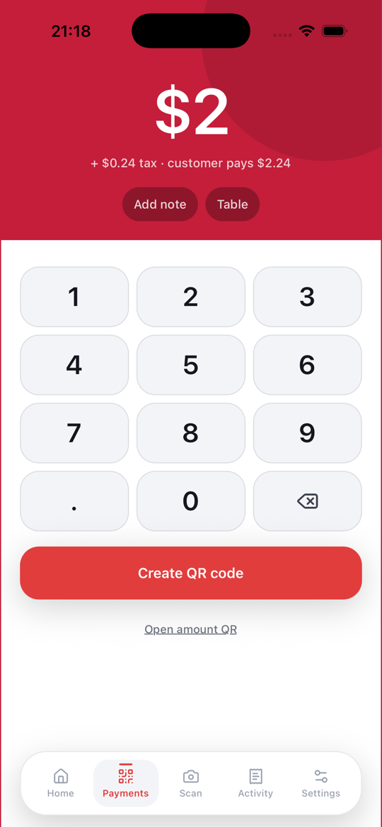 PayLeaf keypad screen creating a QR code for a $2 charge with tax.